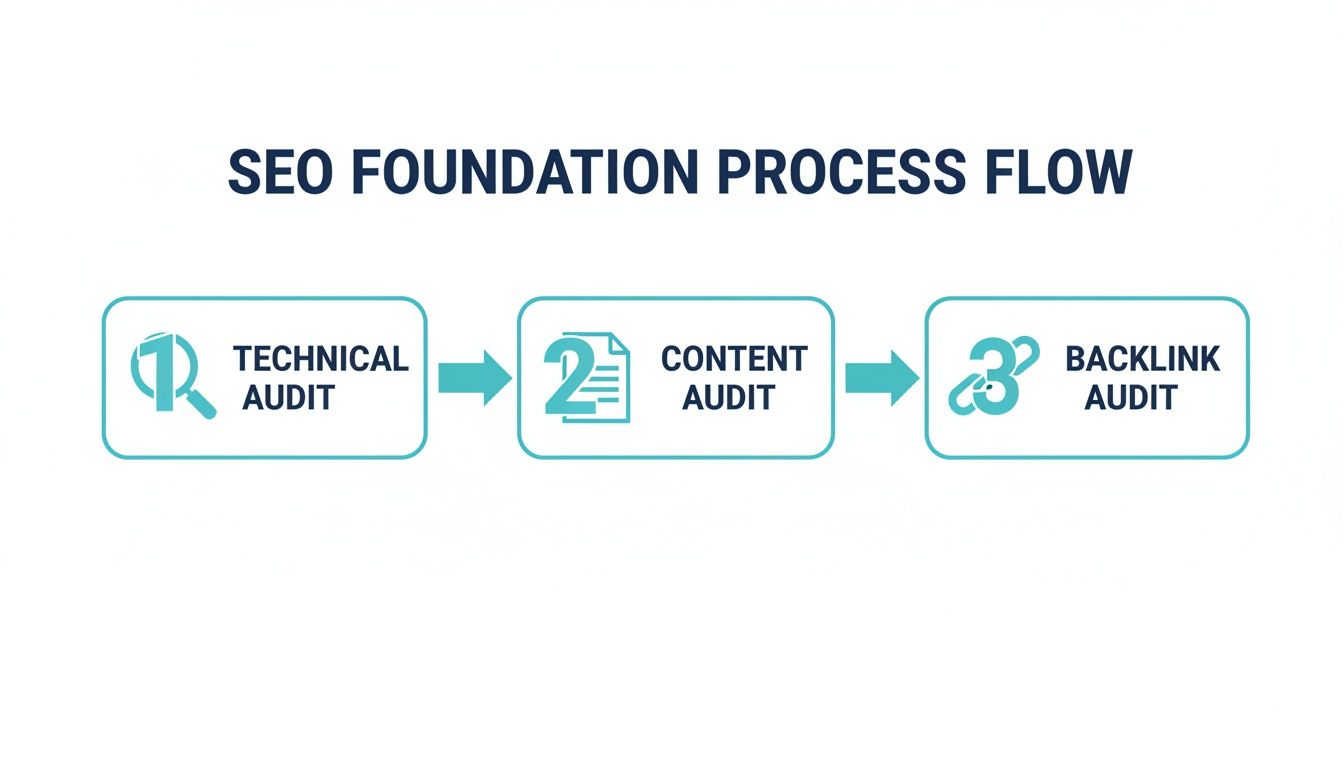 A diagram illustrating the SEO foundation process flow with three steps: technical, content, and backlink audits.