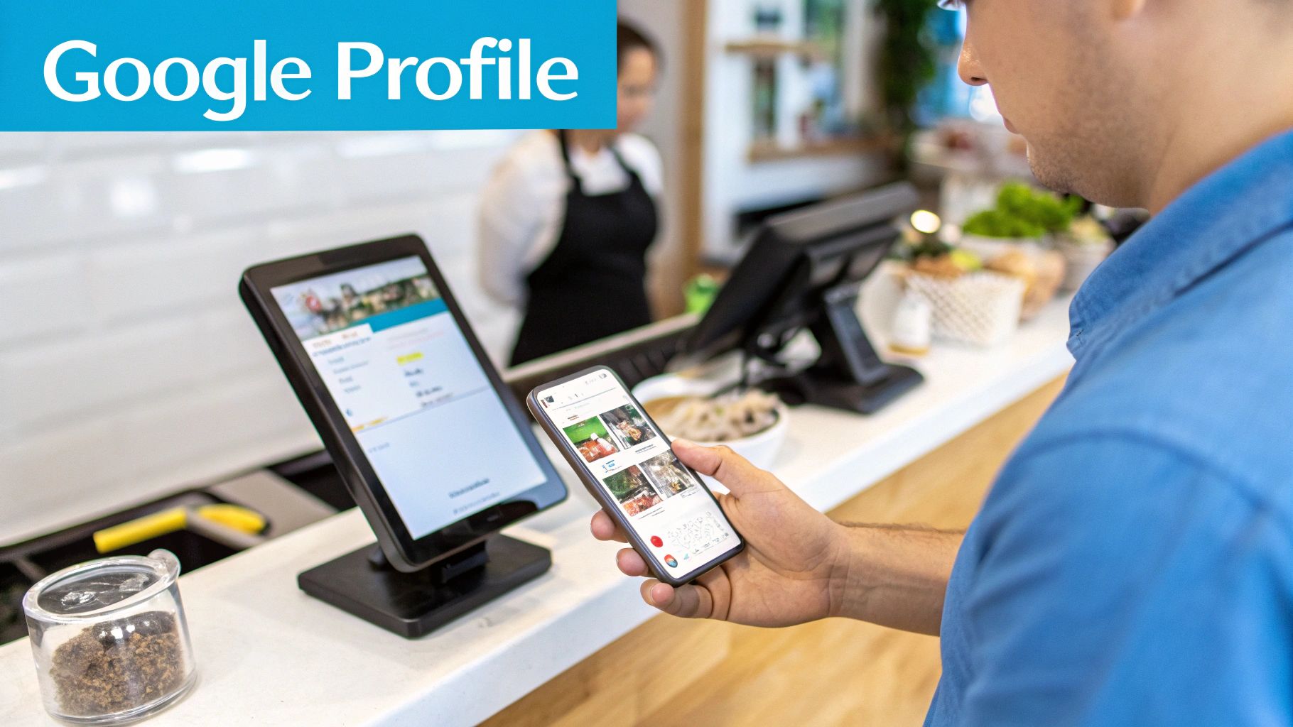 A man reviews a local business Google Profile on his smartphone, with a tablet showing details at a counter.