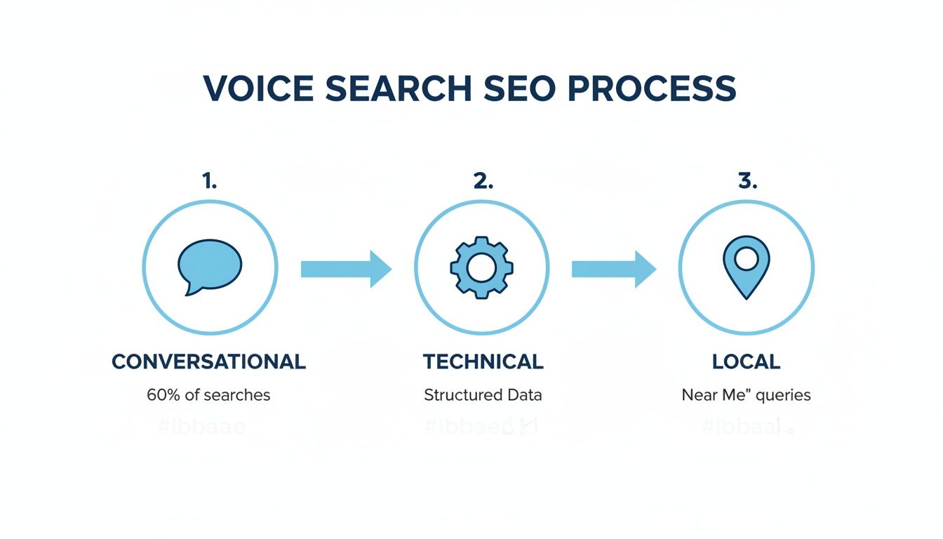A visual three-step voice search SEO process: conversational, technical, and local optimization strategy.