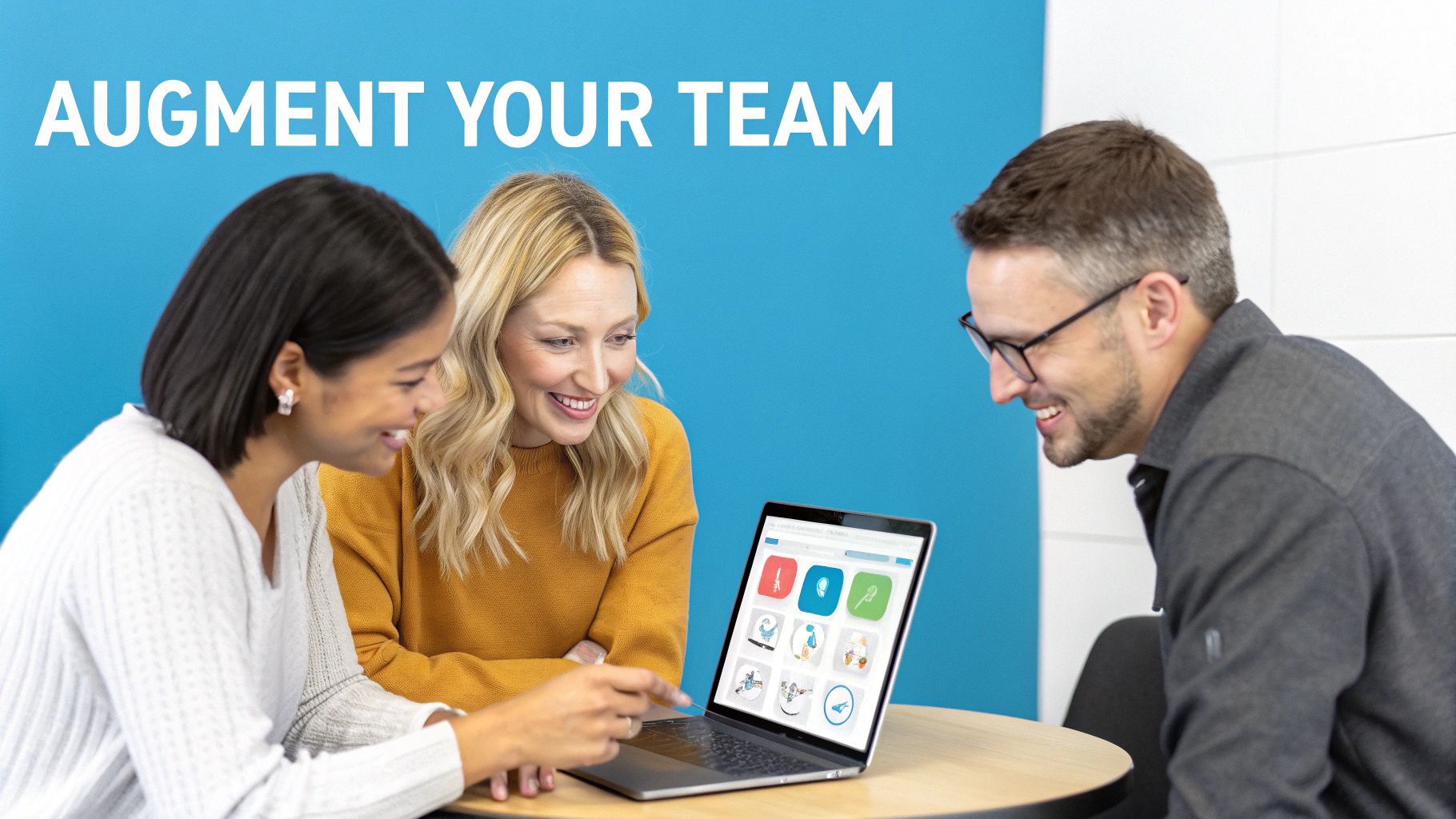 Three diverse professionals collaborating around laptop showing colorful business application interface on screen