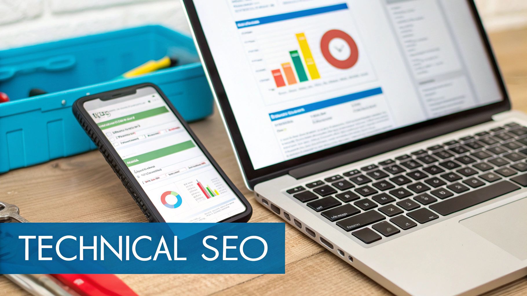 A laptop and smartphone display technical SEO audit data and charts, with tools nearby.