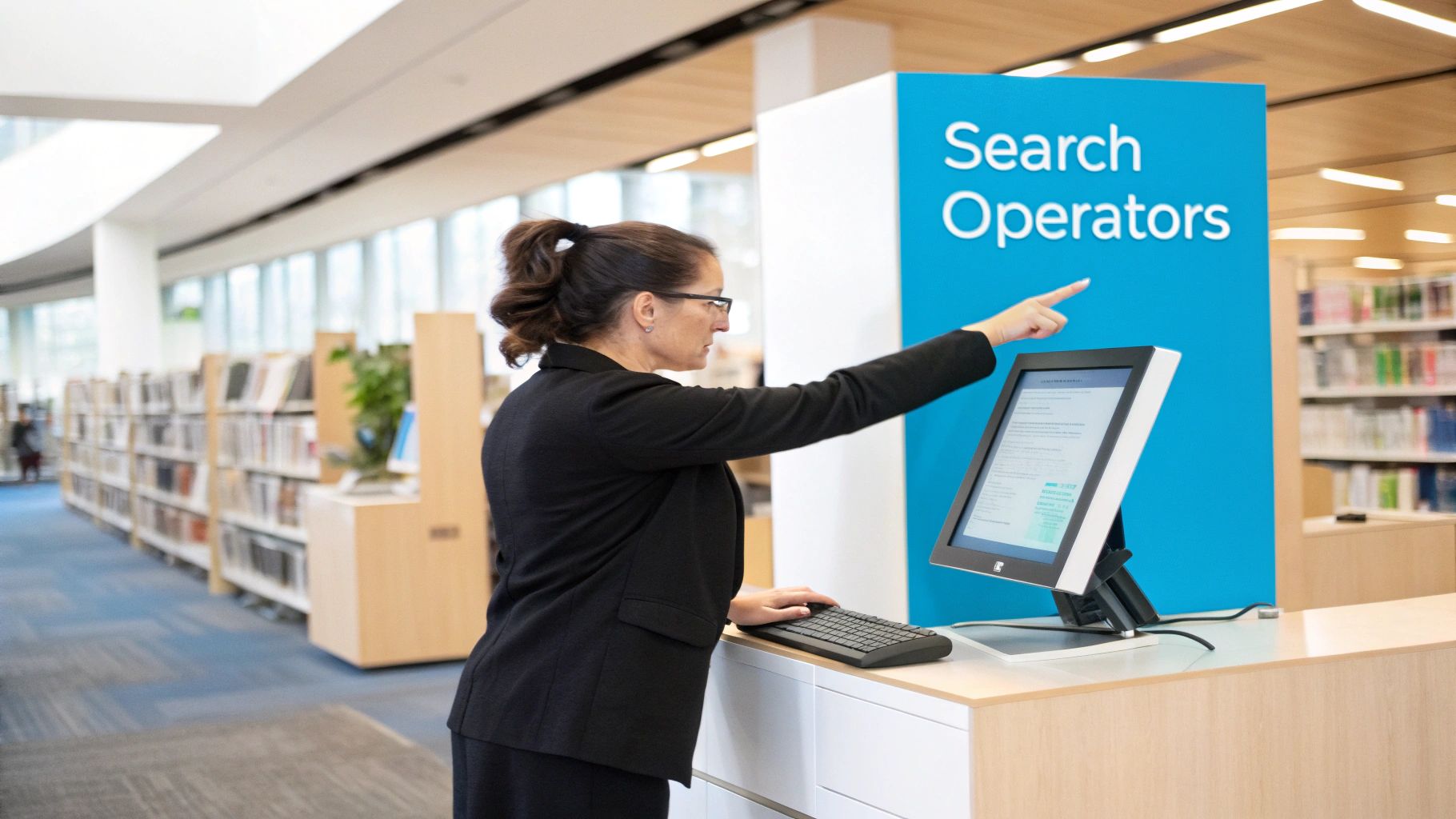 Professional woman pointing at a computer screen with 'Search Operators' sign in a modern library.