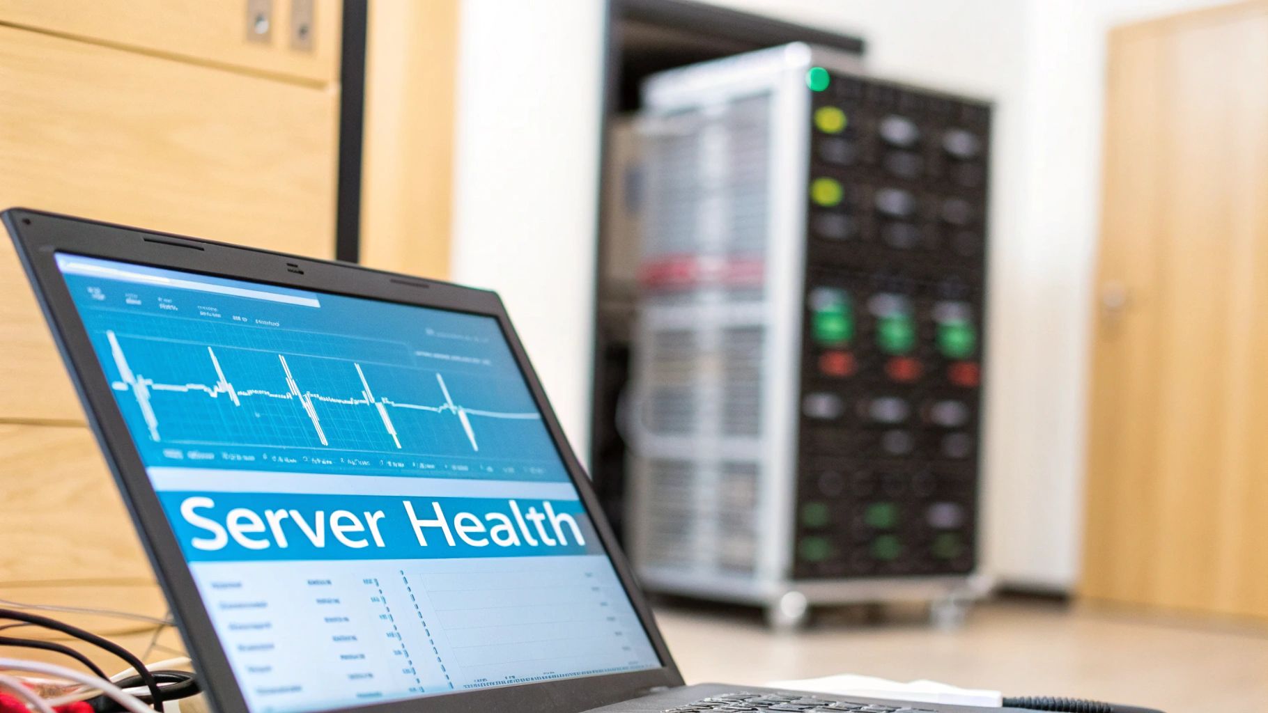 A laptop displaying a server health dashboard with a graph, in front of blurred server racks.