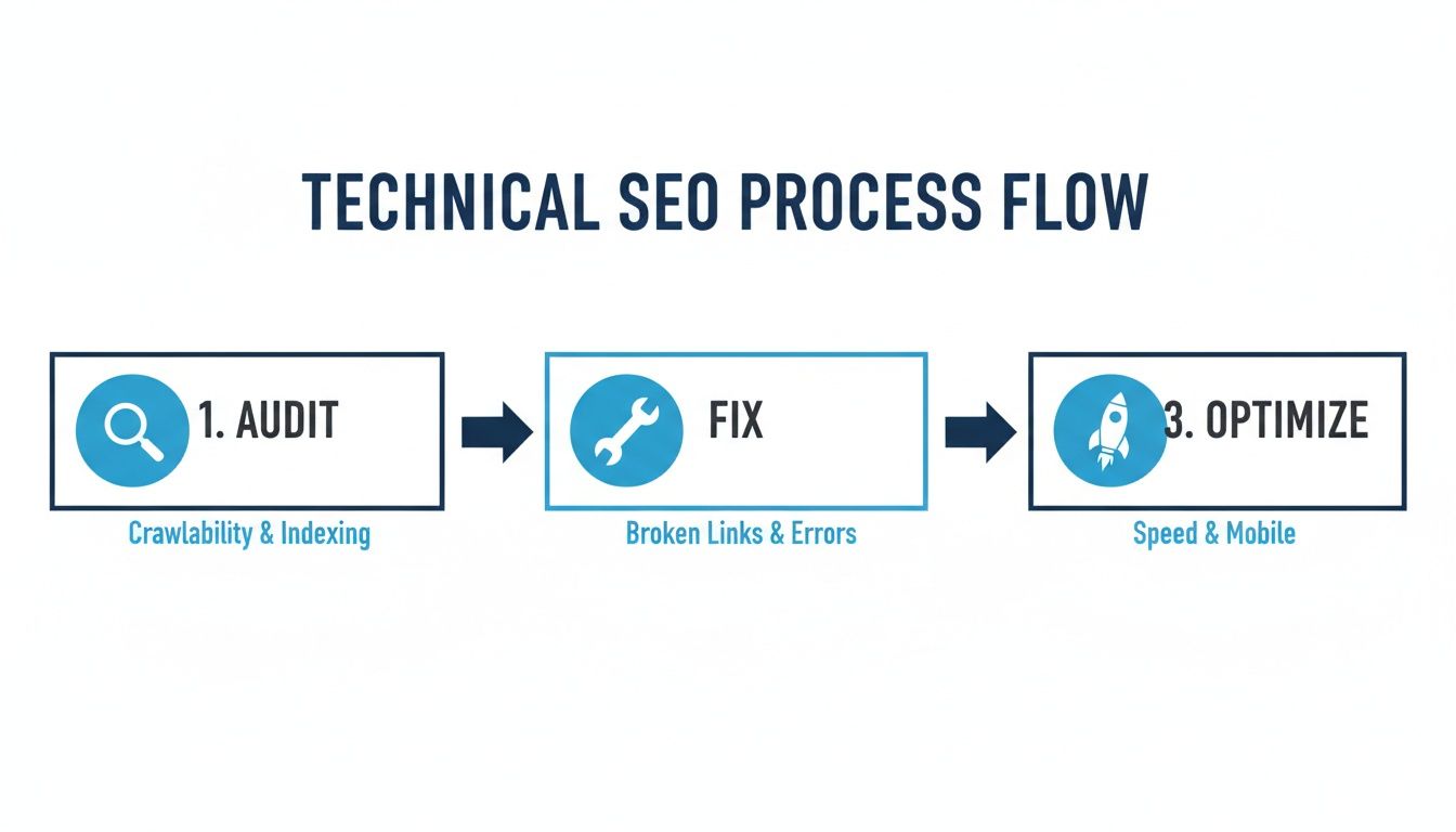 Technical SEO process flowchart outlining steps: Audit (Crawlability & Indexing), Fix (Broken Links & Errors), Optimize (Speed & Mobile).