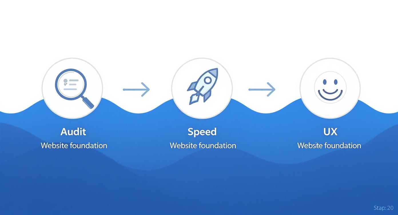 Flowchart showing website foundation steps: Audit (magnifying glass), Speed (rocket), and UX (happy face).