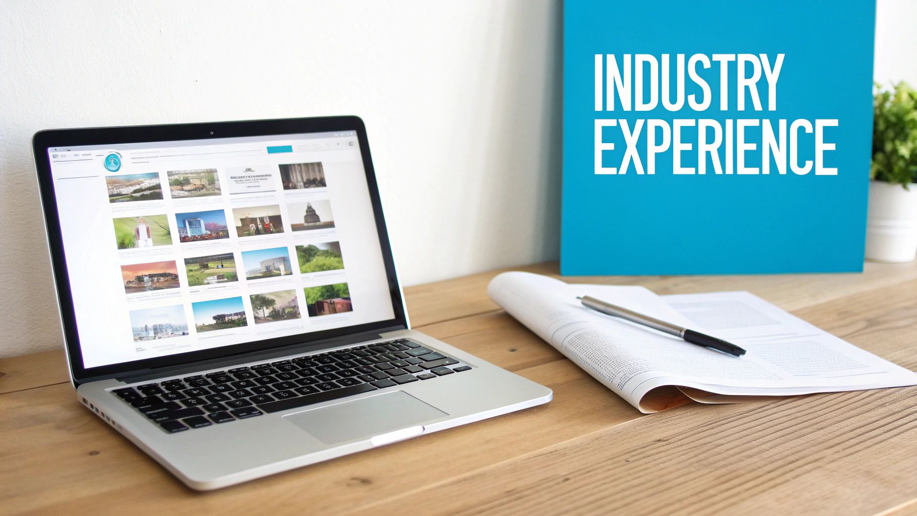 A laptop displaying images, a pen on documents, and a blue 'INDUSTRY EXPERIENCE' sign on a wooden desk.