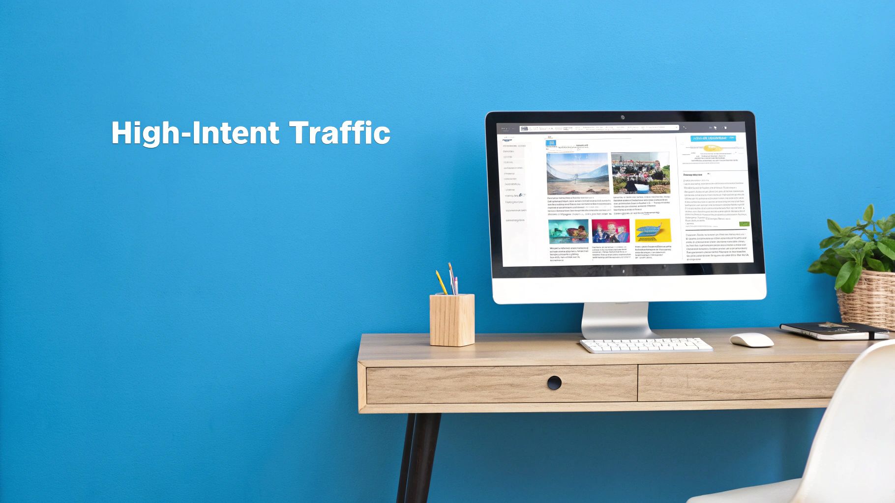 Desktop computer displaying colorful travel website on wooden desk with modern office setup