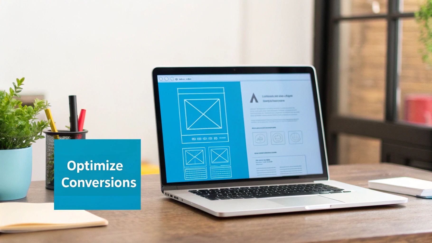 Desktop workspace with a laptop showing web page wireframe, emphasizing 'Optimize Conversions' in a blue box.