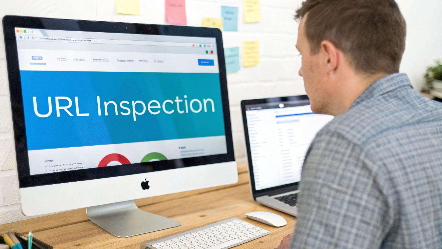 A man inspects a website on an Apple iMac screen displaying 'URL Inspection', with a laptop and sticky notes nearby.
