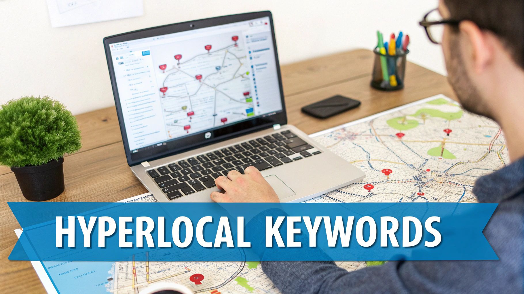 Man using a laptop and physical map to identify locations, with 'HYPERLOCAL KEYWORDS' text.