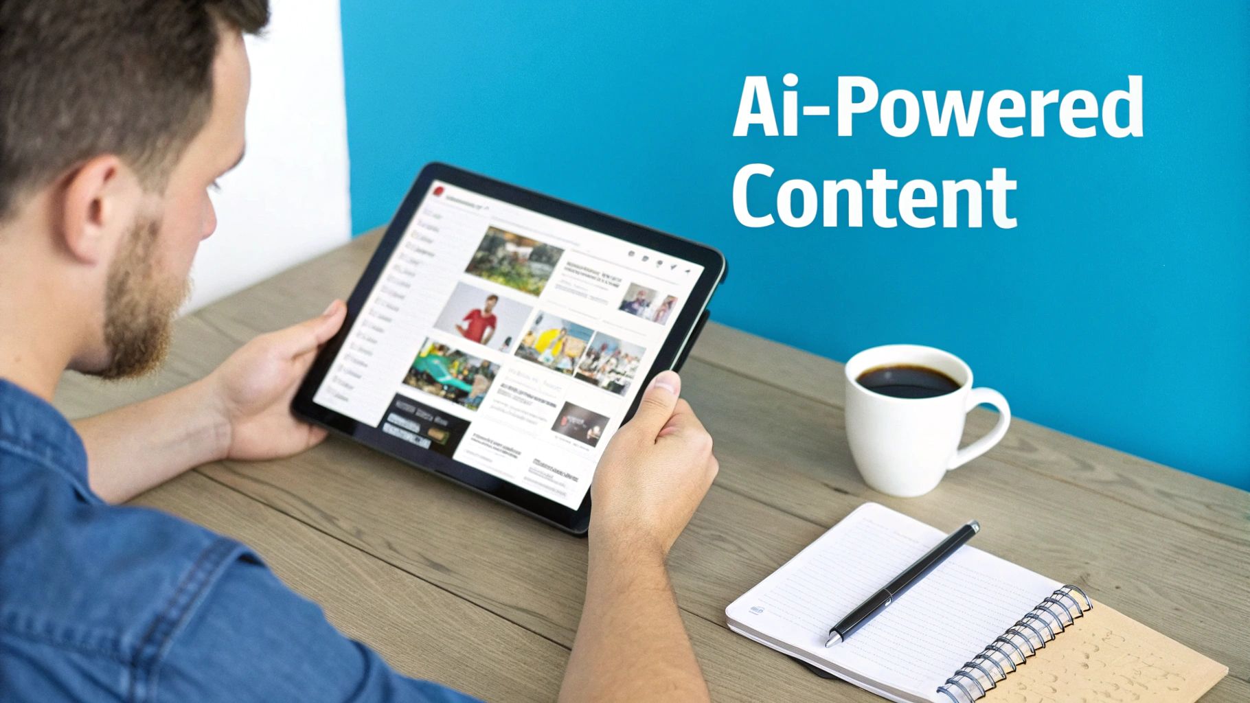 Professional man using tablet to browse AI-powered content platform at wooden desk with coffee