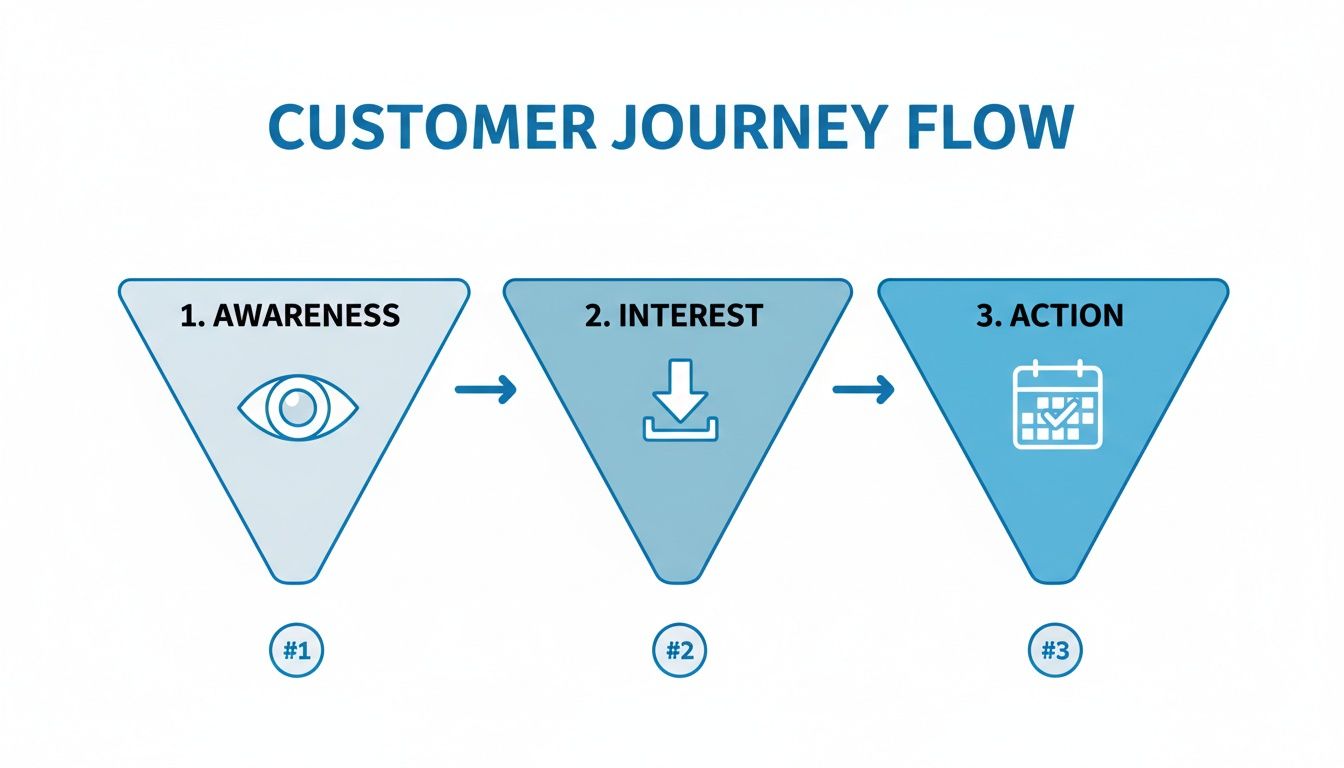Customer journey flow diagram illustrating three stages: awareness, interest, and action.