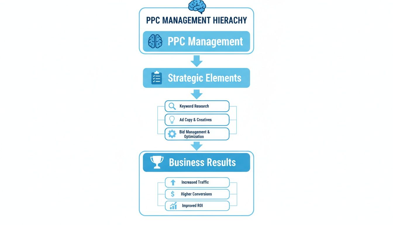 PPC Management Hierarchy flowchart detailing strategic elements like keyword research, ad copy, and bid optimization.