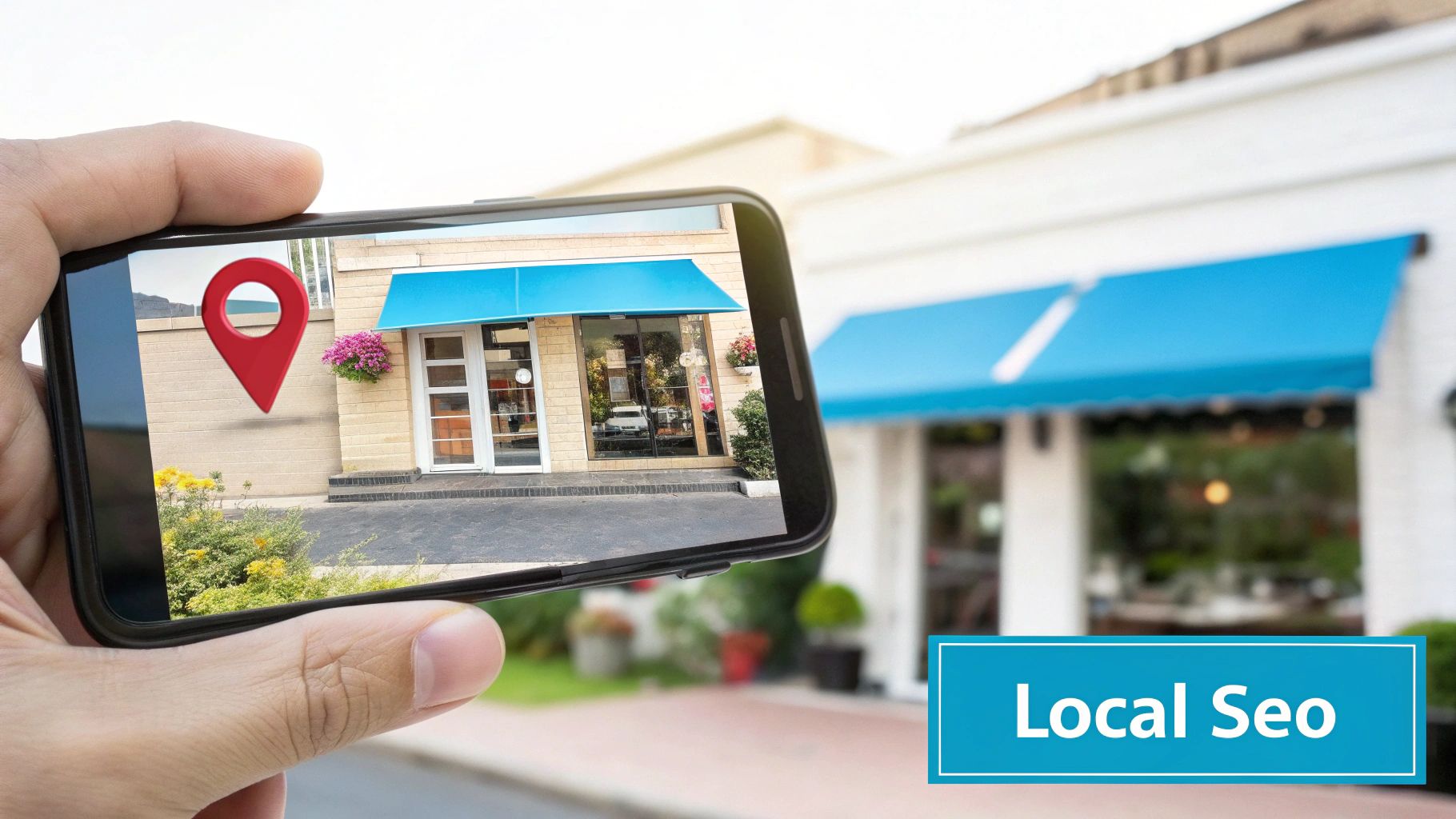 Hand holding a smartphone showing a store with a red location pin for local SEO marketing.