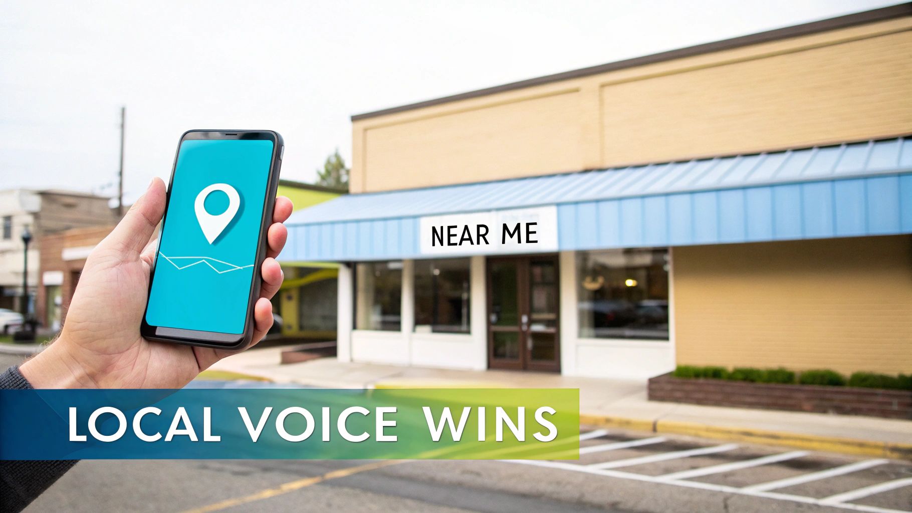 A hand holds a smartphone showing a location pin icon, with a 'NEAR ME' storefront and 'LOCAL VOICE WINS' banner.