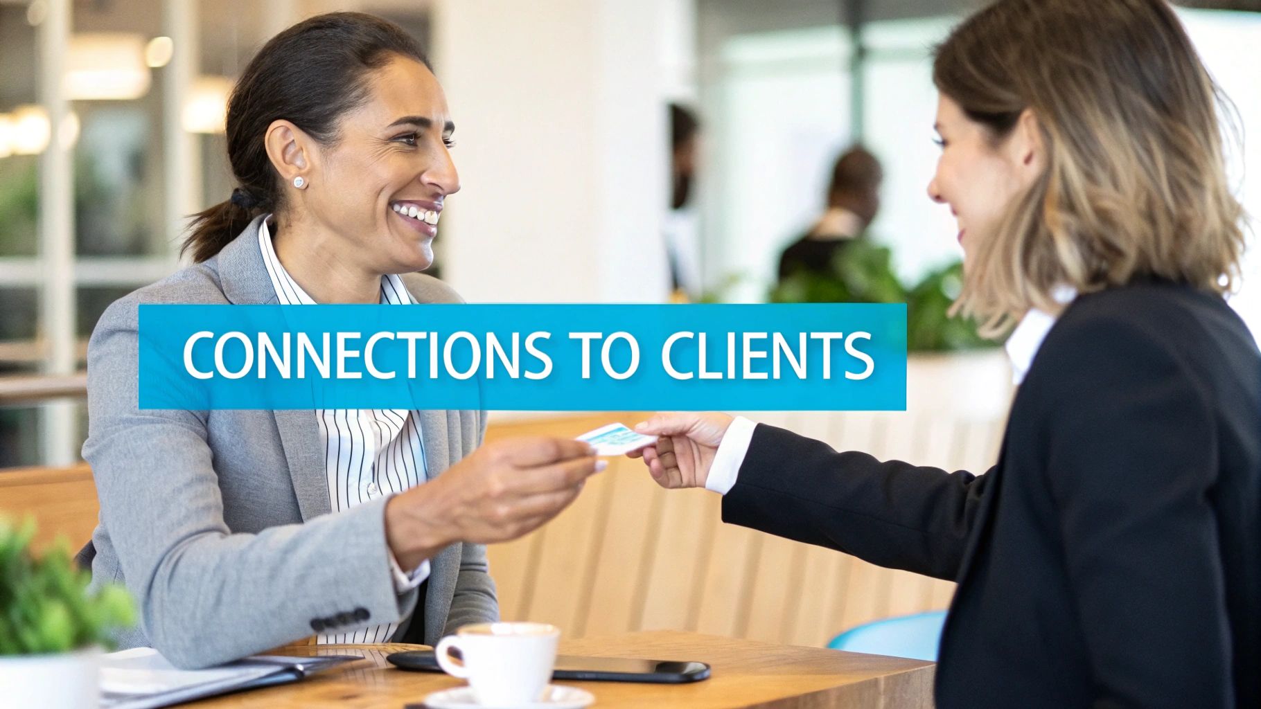 Two smiling businesswomen exchanging a business card, symbolizing client connections and networking.