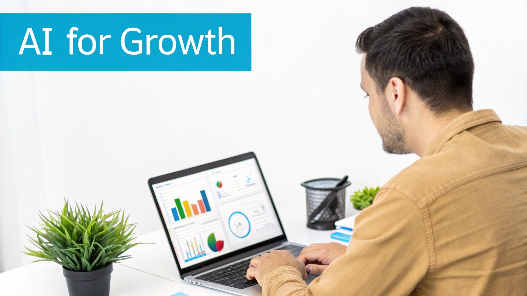 A man works on a laptop displaying data charts, with 'AI for Growth' banner above.