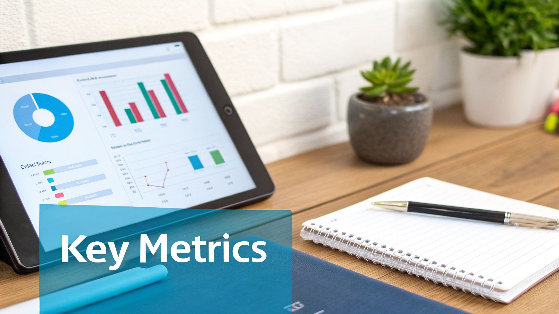 A tablet displays business charts and graphs on a wooden desk with a notebook and pen.