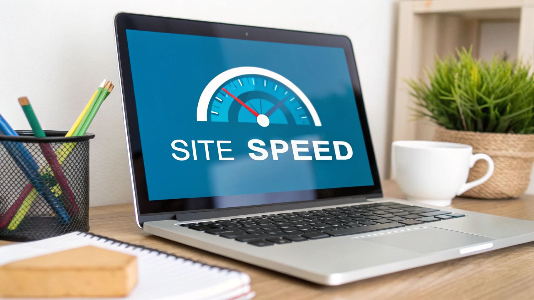 A laptop displaying a site speed gauge, indicating fast performance, on a desk with office supplies and a plant.