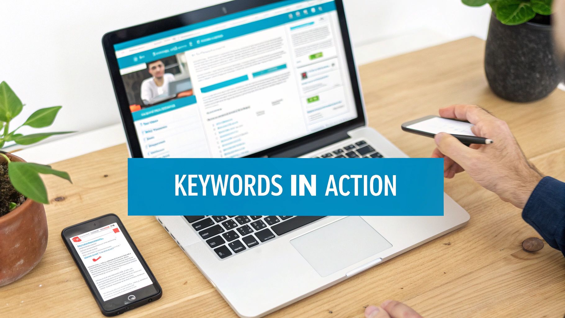 A person's hands work with a laptop and smartphone, showcasing a 'KEYWORDS IN ACTION' banner on a desk.
