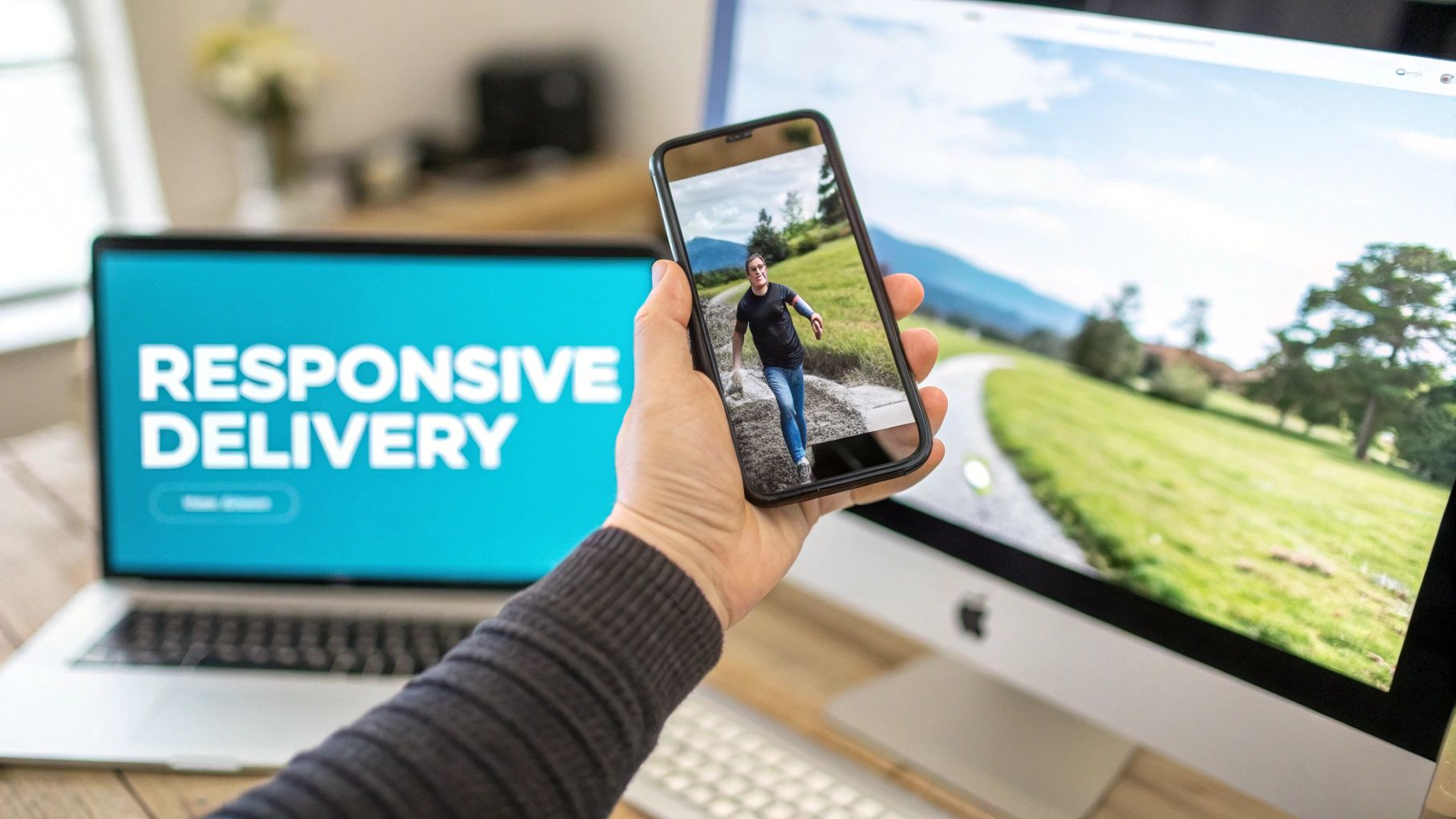 A hand holds a smartphone showing a person running, demonstrating responsive web design on various screens.