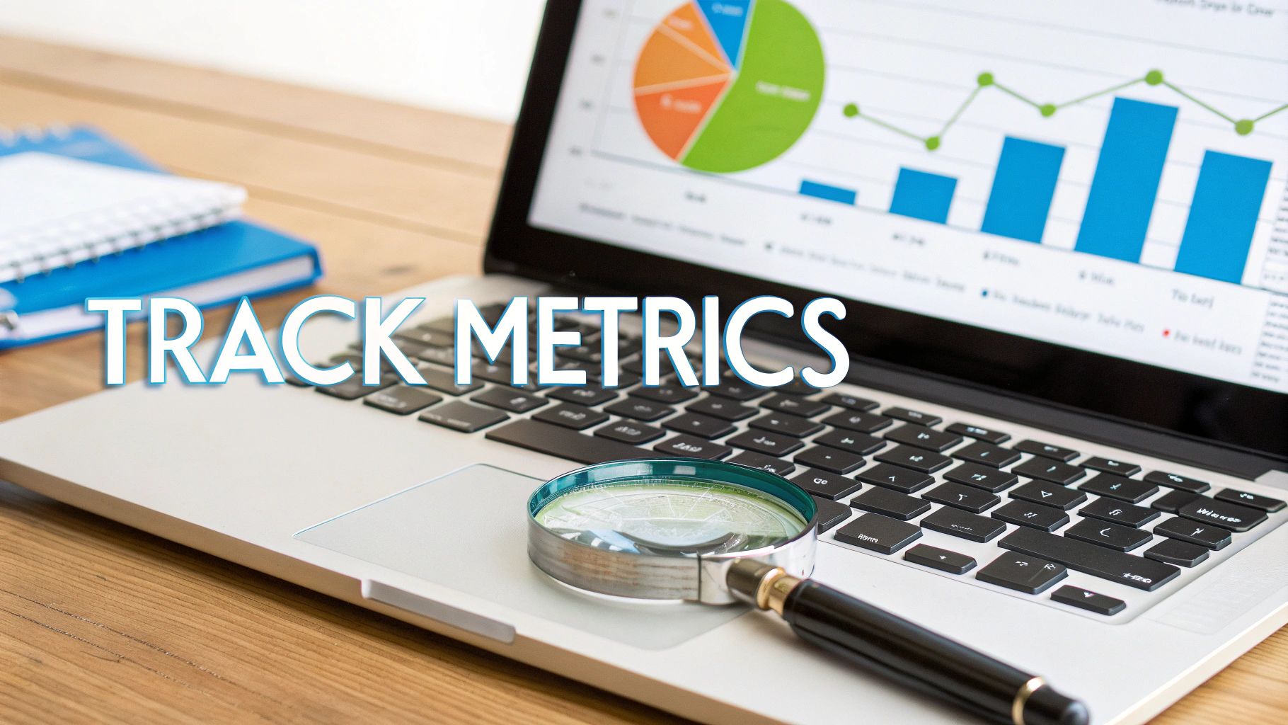 Close-up of a laptop screen displaying charts and graphs, with a magnifying glass on the keyboard and the text 'TRACK METRICS'.