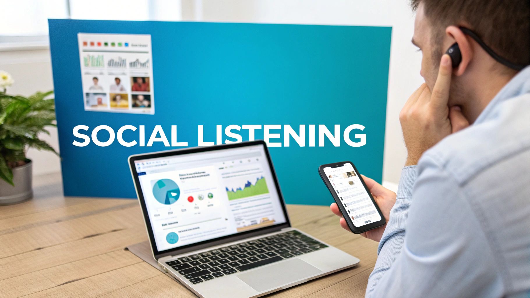 Professional monitoring social media analytics and engagement metrics on laptop and smartphone for reputation management