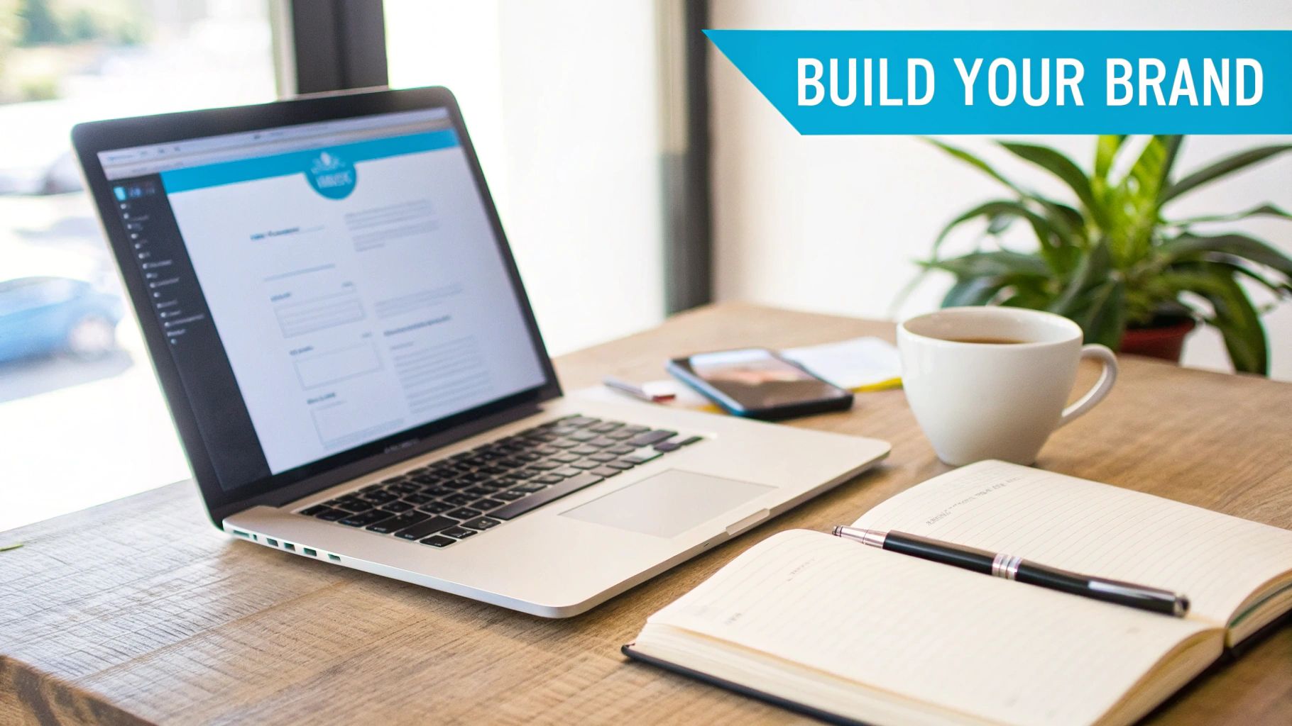 A laptop, coffee, and notebook on a wooden desk with a 'Build Your Brand' banner.