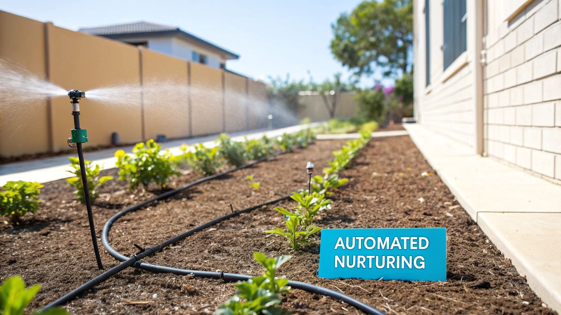 A garden features an automated watering system with sprinklers nurturing young plants under a clear sky.