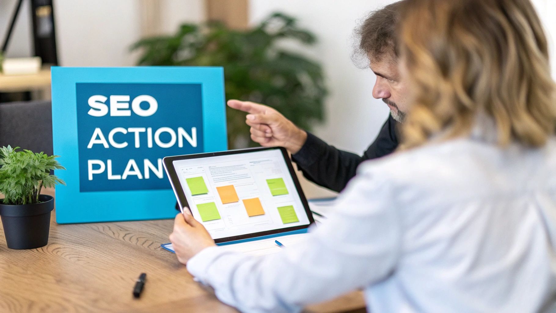 Two colleagues discussing an SEO action plan on a tablet, pointing at data and strategies.
