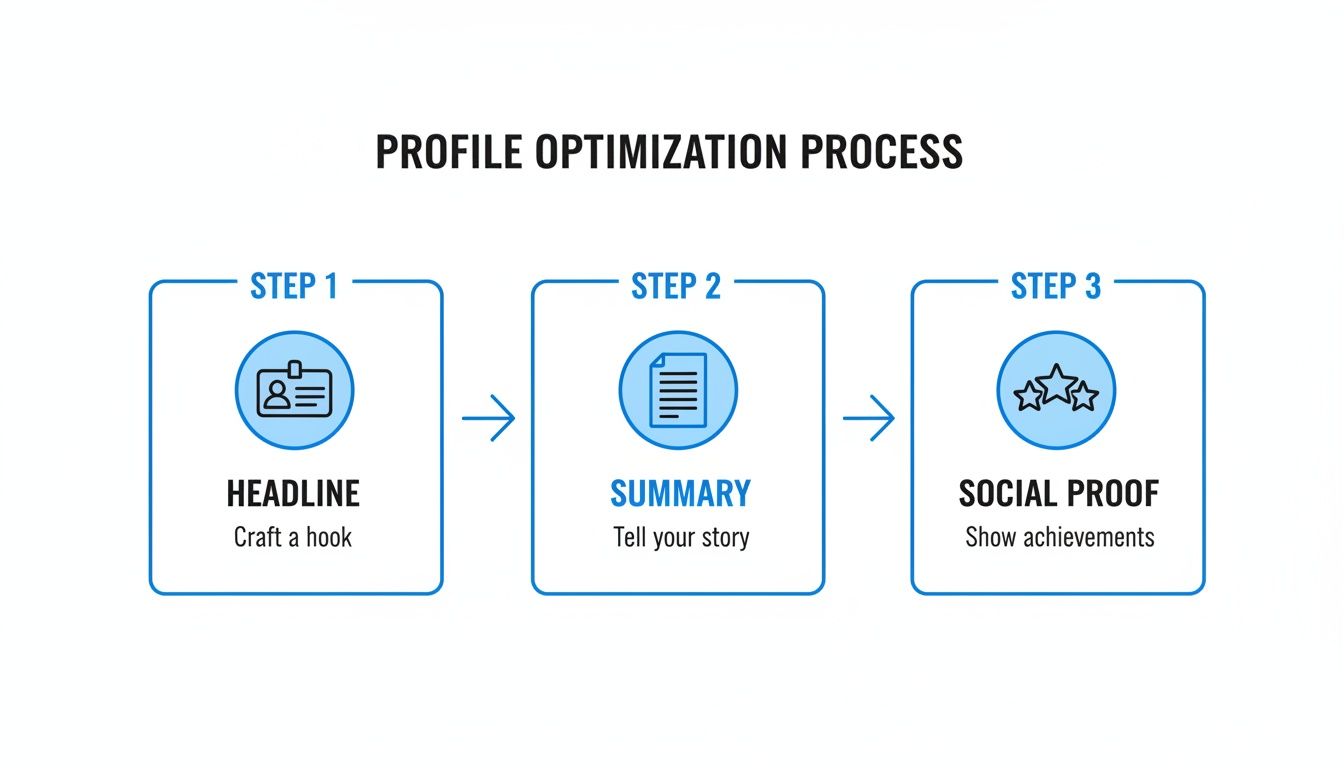 A visual depicting a three-step profile optimization process with headline, summary, and social proof.