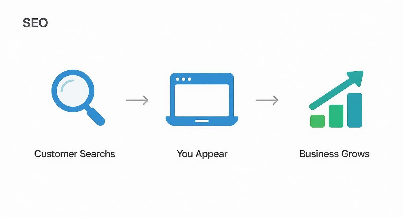 An illustration showing the SEO process where customer searches lead to online visibility and business growth.