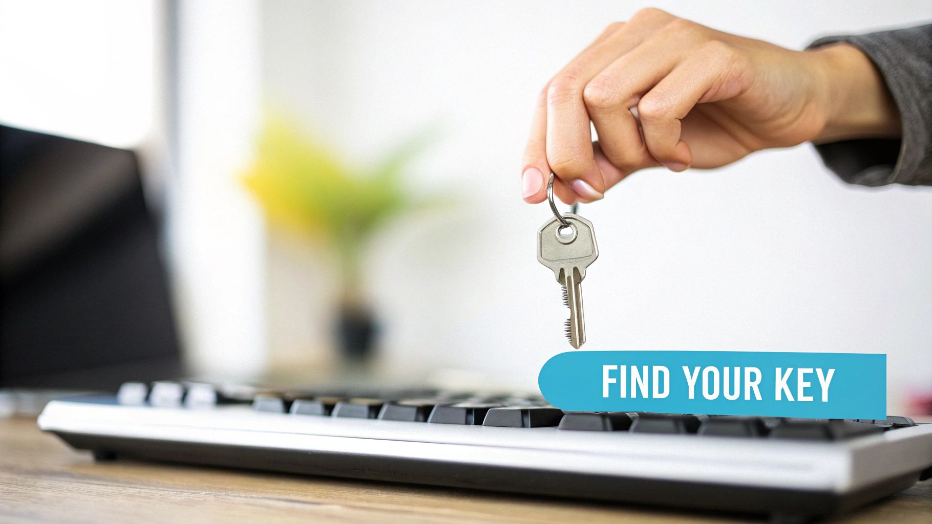 A hand holds a silver key above a computer keyboard, next to a blue banner reading 'FIND YOUR KEY'.