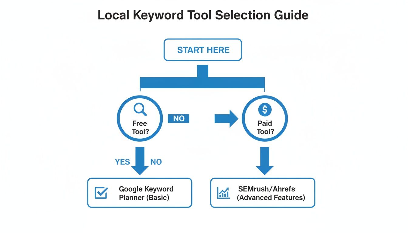 A flowchart guiding the selection of local keyword research tools: free or paid options.
