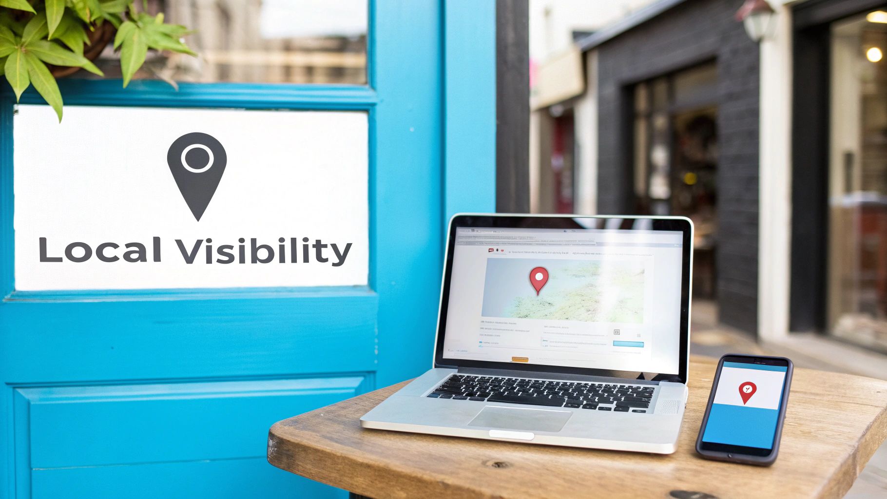 A laptop and smartphone on a wooden table outside a business with a 'Local Visibility' sign, symbolizing local SEO.