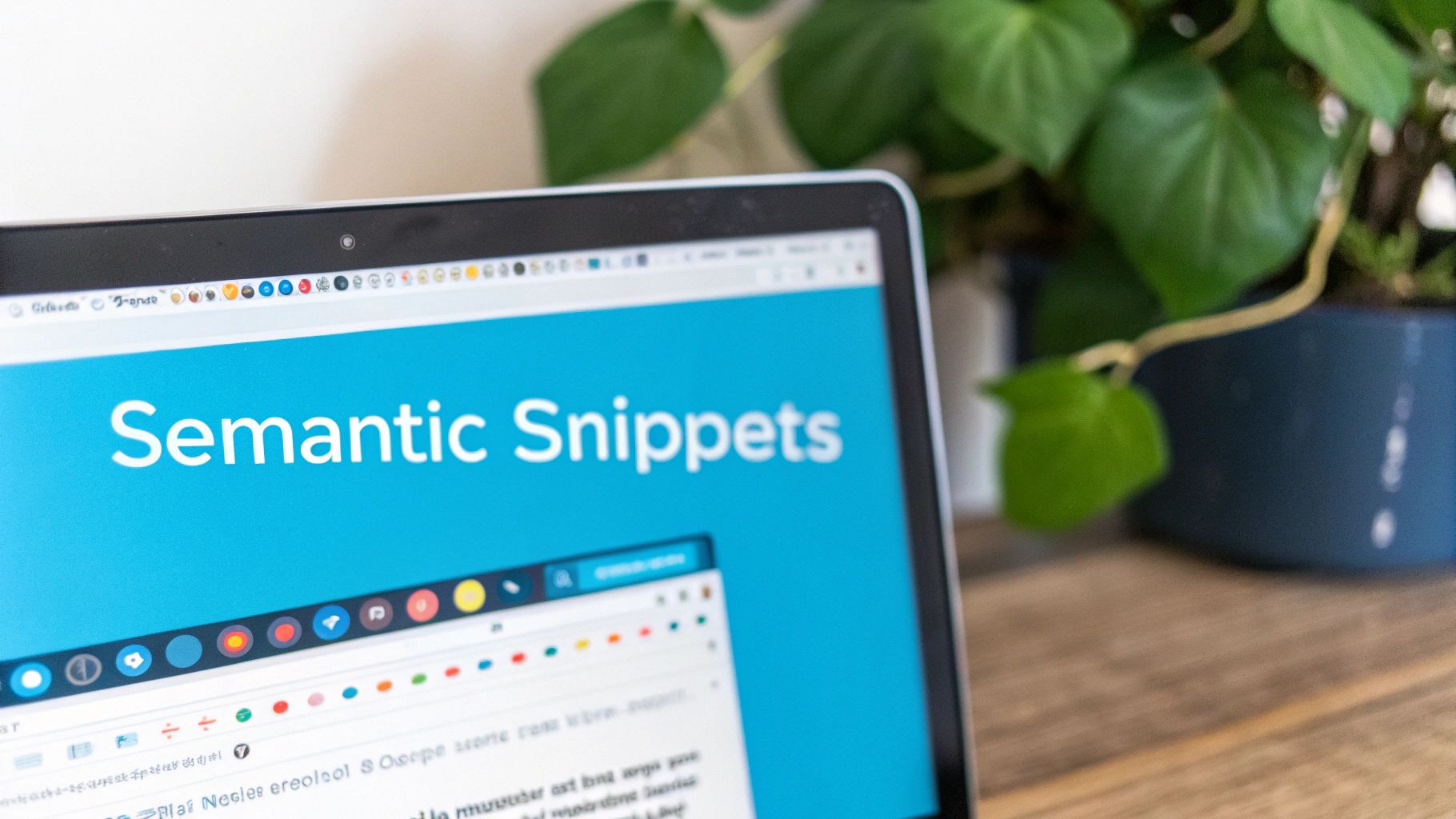 A laptop screen displays 'Semantic Snippets' text on a blue background, showing browser tabs and a green houseplant.