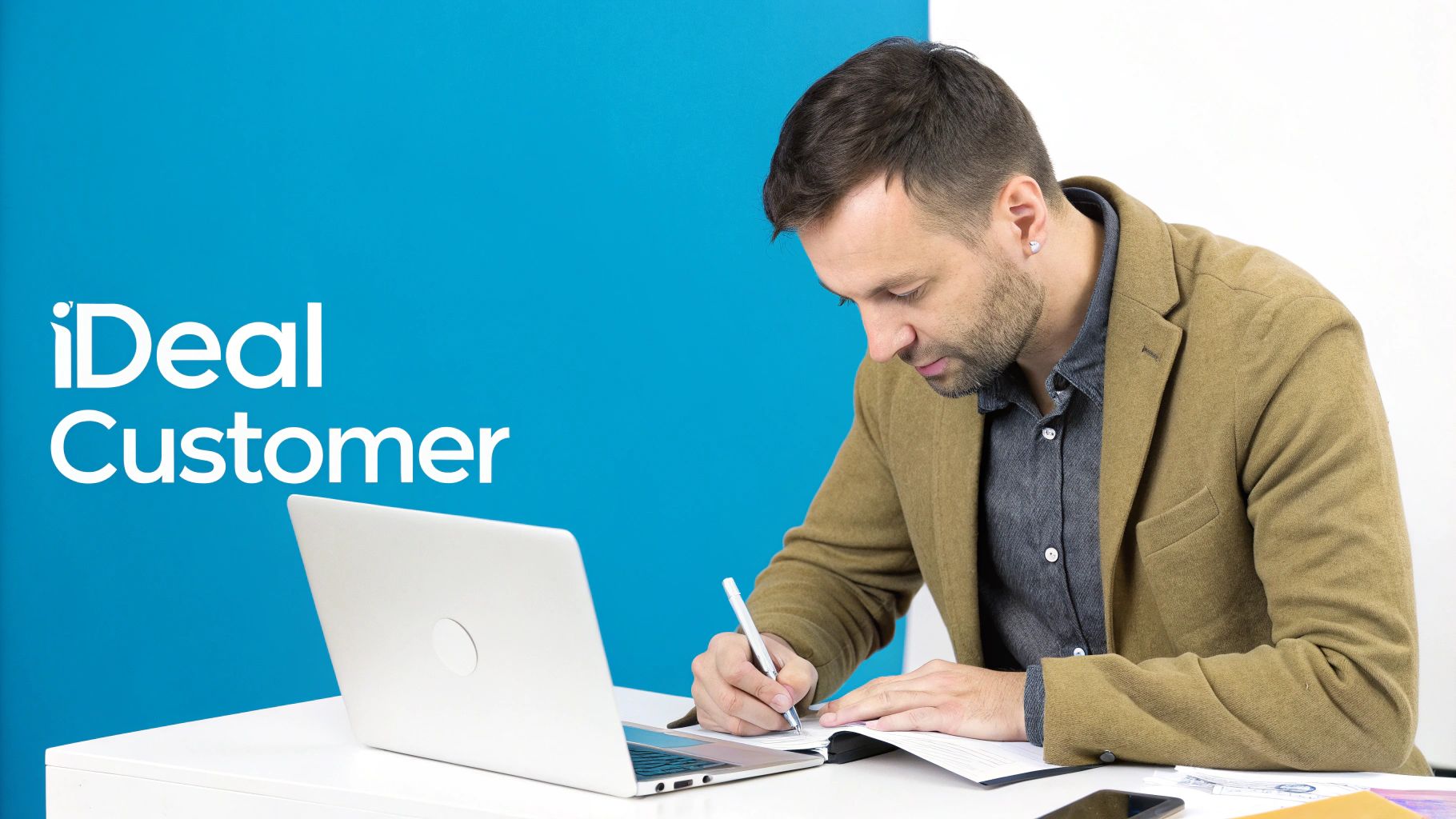 A person typing on a laptop with charts and graphs in the background, representing content creation and SEO analysis.
