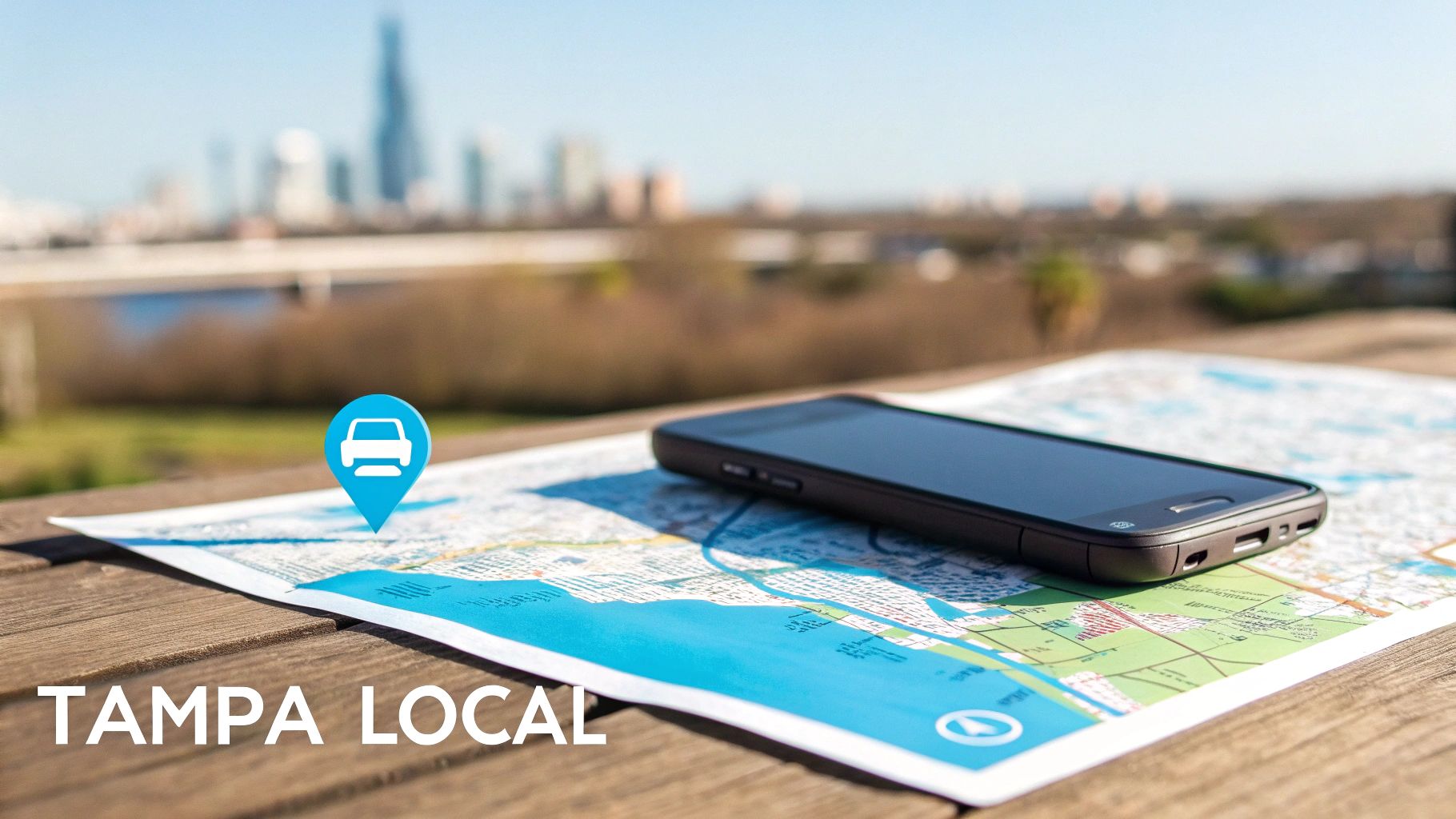 A map with a smartphone, a blue car icon pin, and a blurred cityscape in the background.