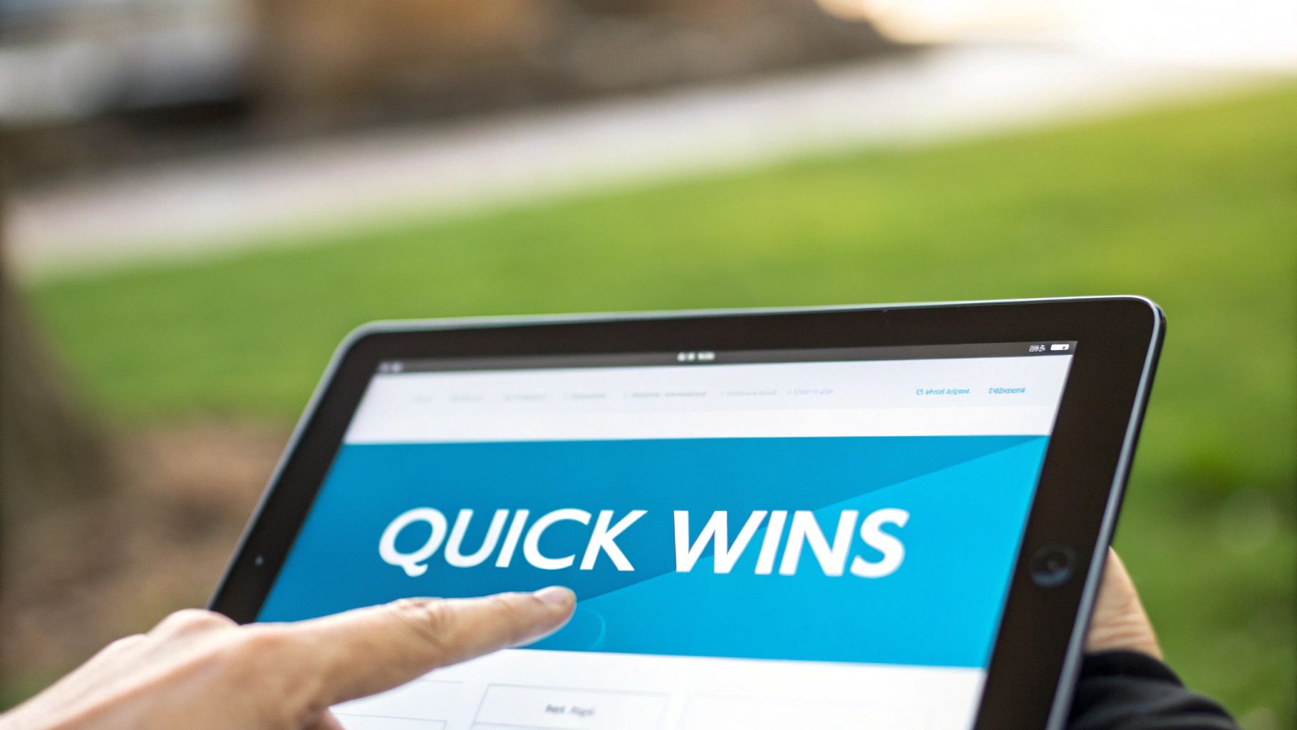 Close-up of a person's finger tapping on a tablet displaying 'QUICK WINS' on a blue screen.