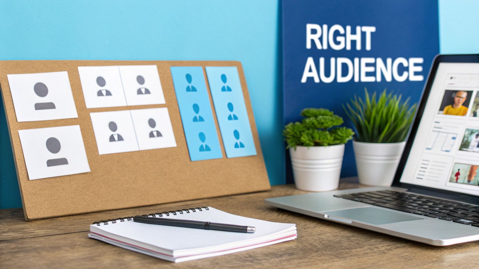 A desk with a "Right Audience" folder, a display board showing person icons, a laptop, and plants, for marketing.