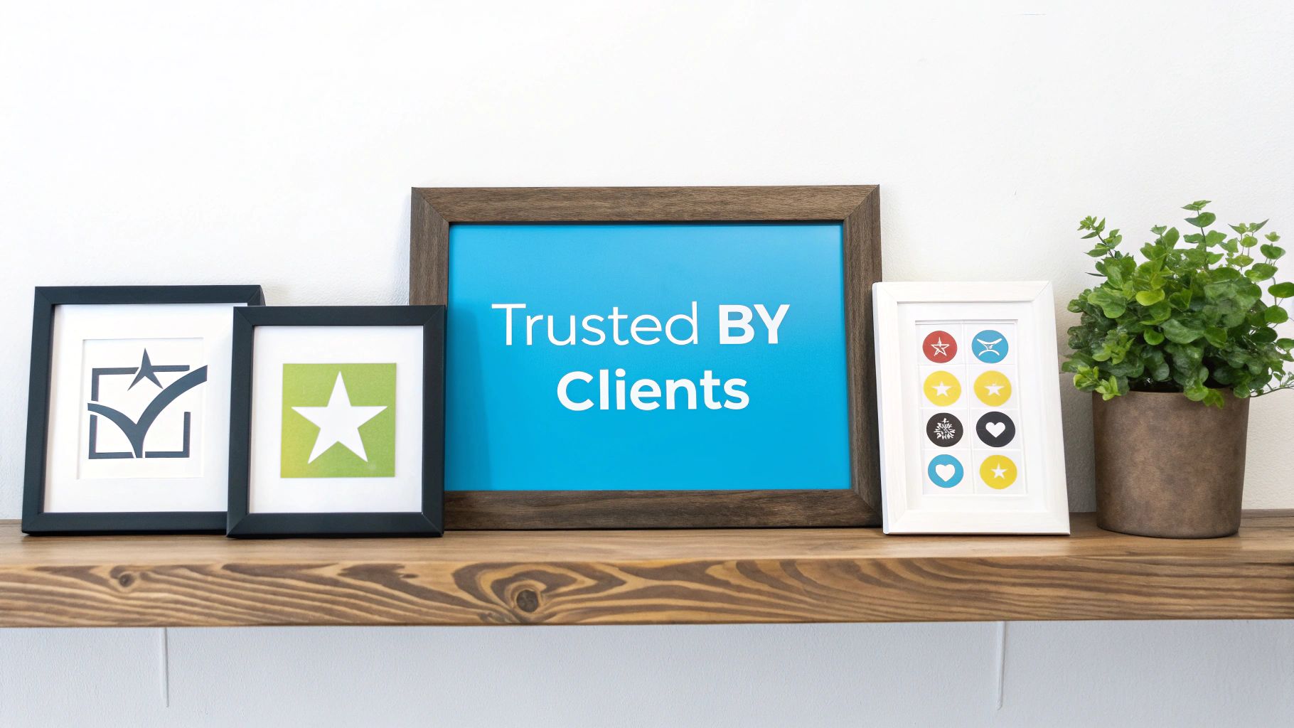 A wooden shelf displays various framed art, including a 'Trusted BY Clients' sign and a green plant.