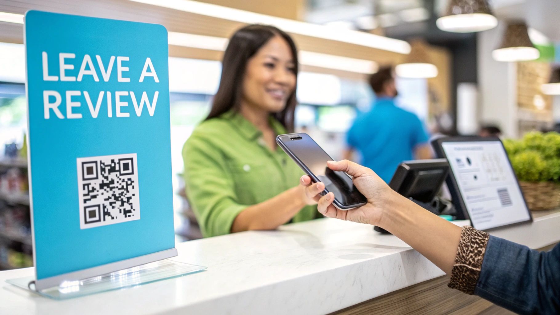 Customer scanning QR code on review sign at retail checkout counter with smiling employee