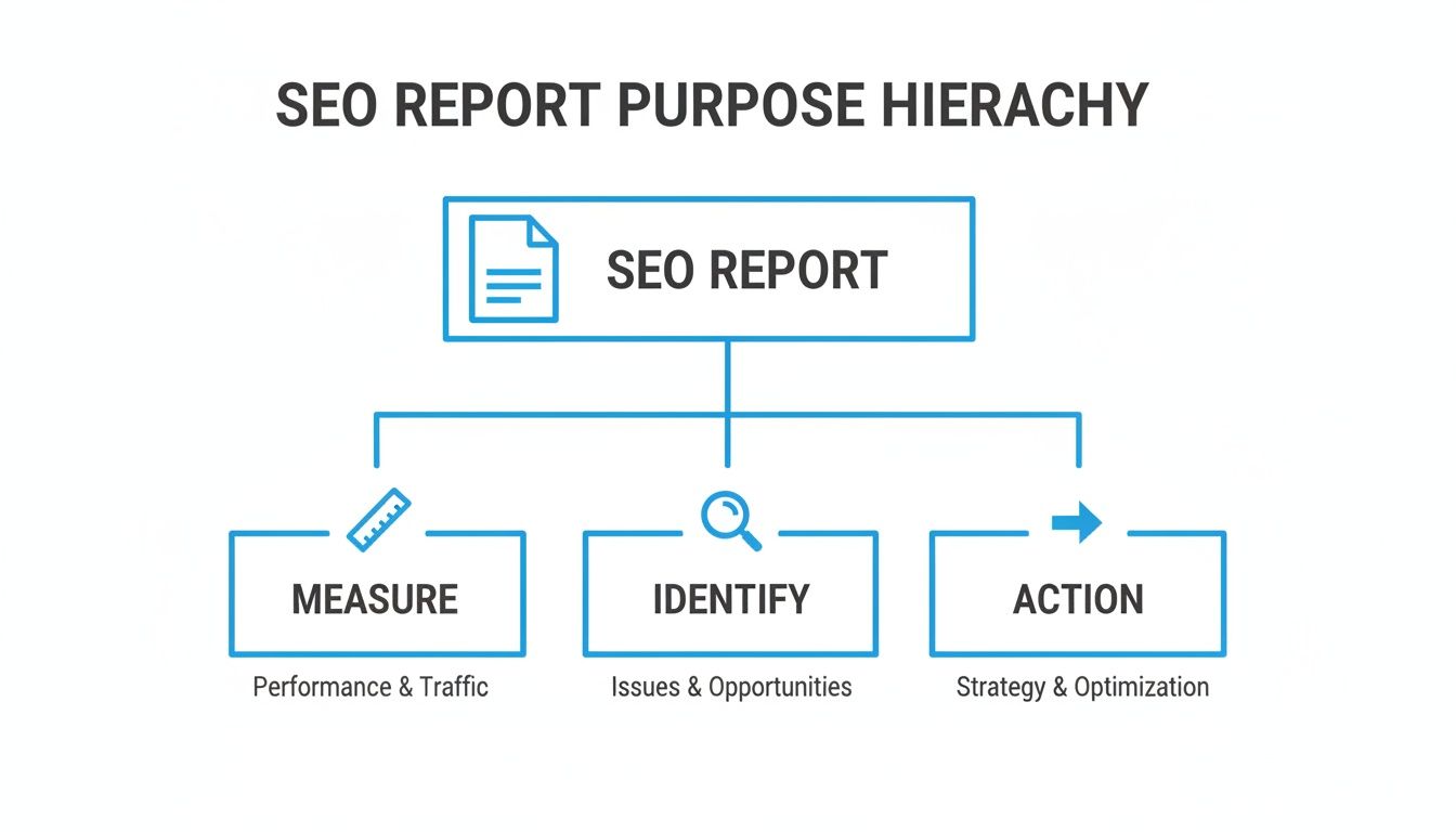 Hierarchy illustrating the three core purposes of an SEO report: measure, identify, and action.