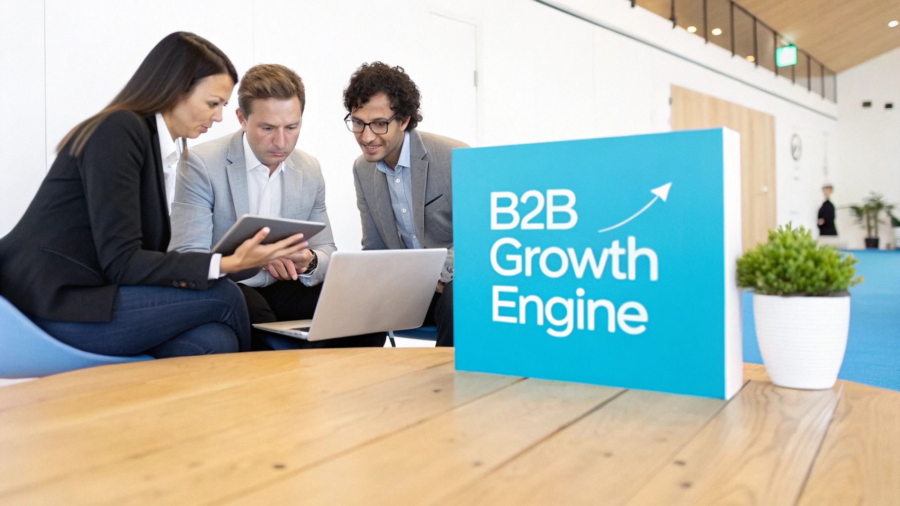 Three business professionals collaborating on a tablet and laptop, with a "B2B Growth Engine" sign.