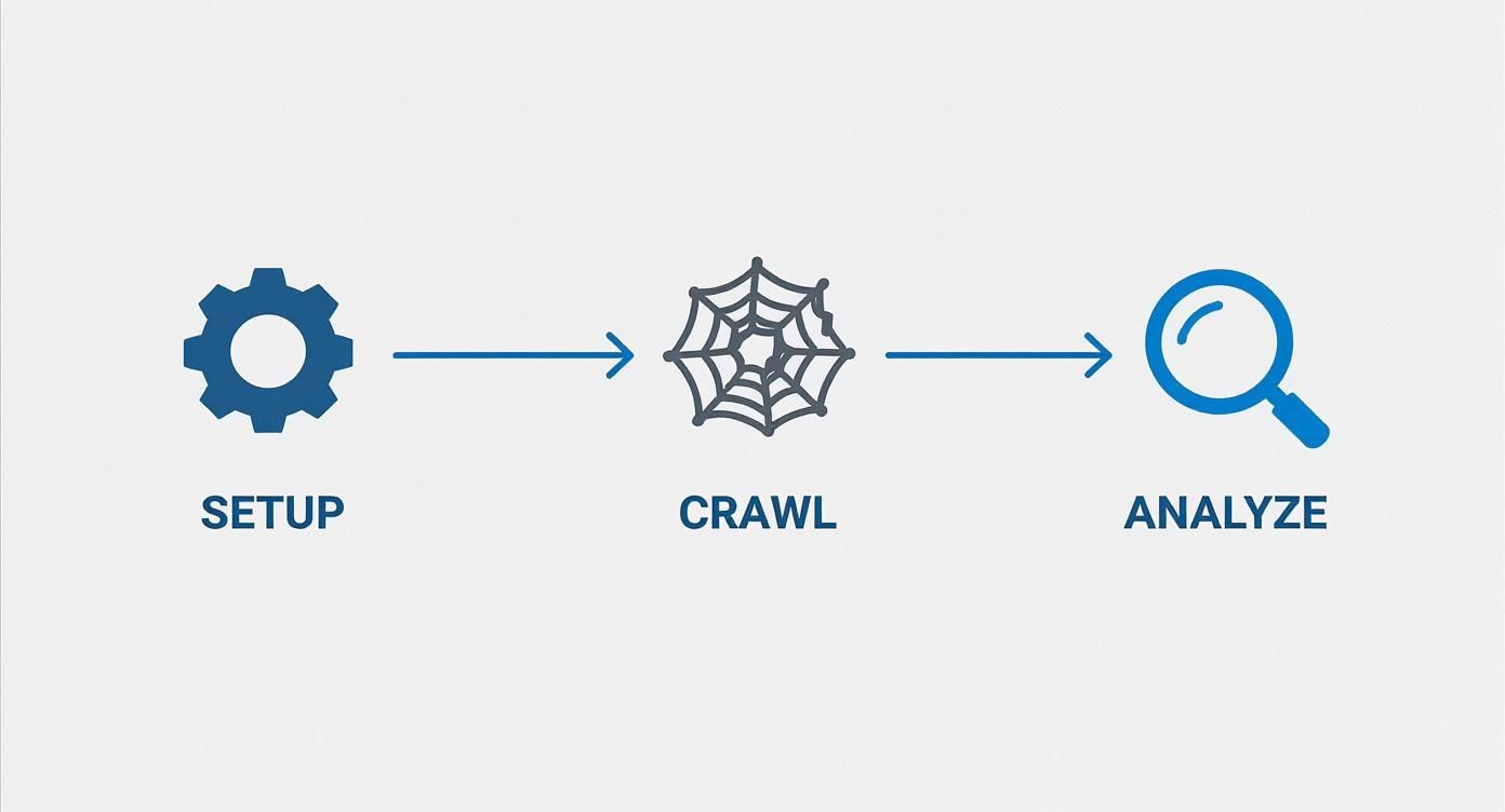 A three-step diagram illustrates the SEO audit process: setup, crawl, and analyze.