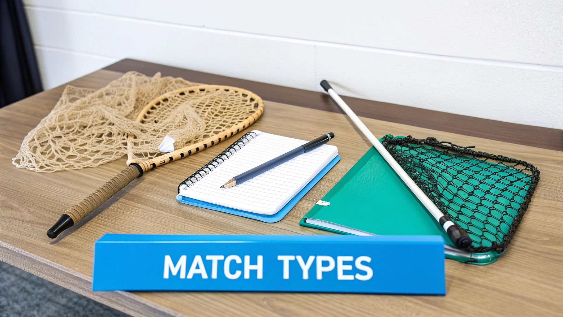 A desk with fishing nets, notebooks, and a blue sign displaying 'MATCH TYPES'.