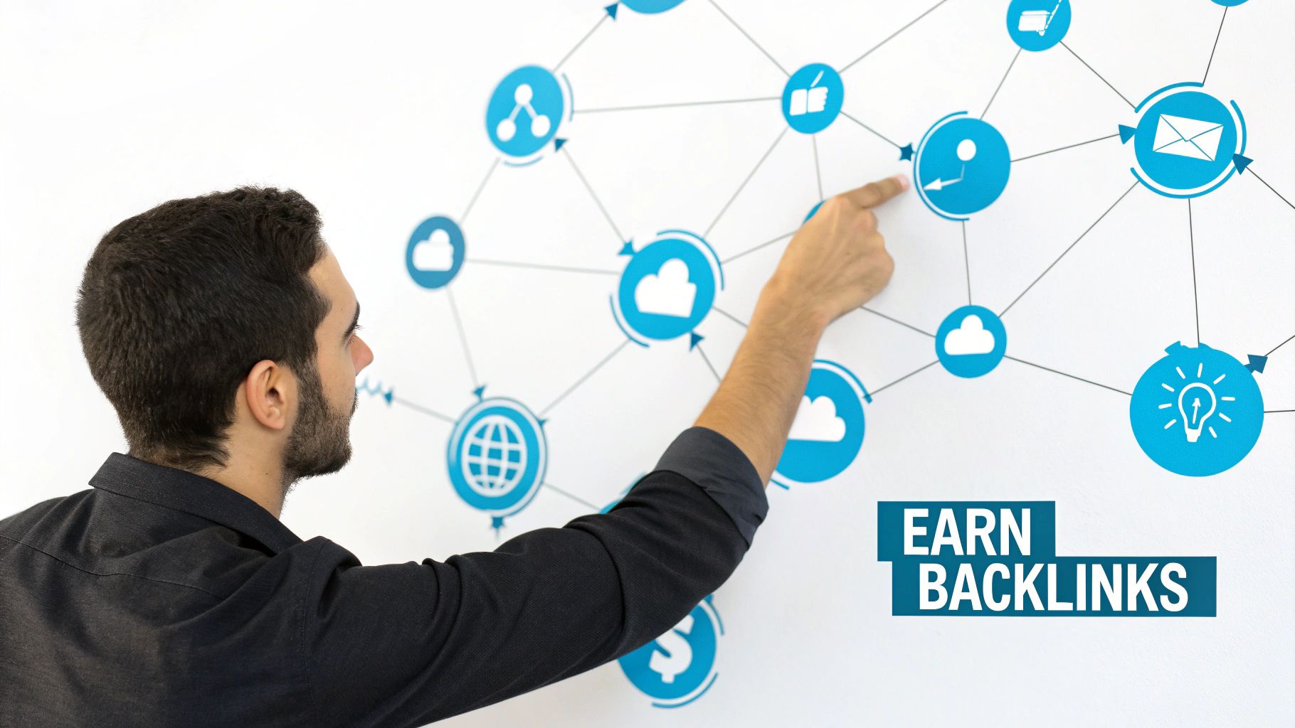 A man points at a digital network of blue icons on a white wall, with "EARN BACKLINKS" text.