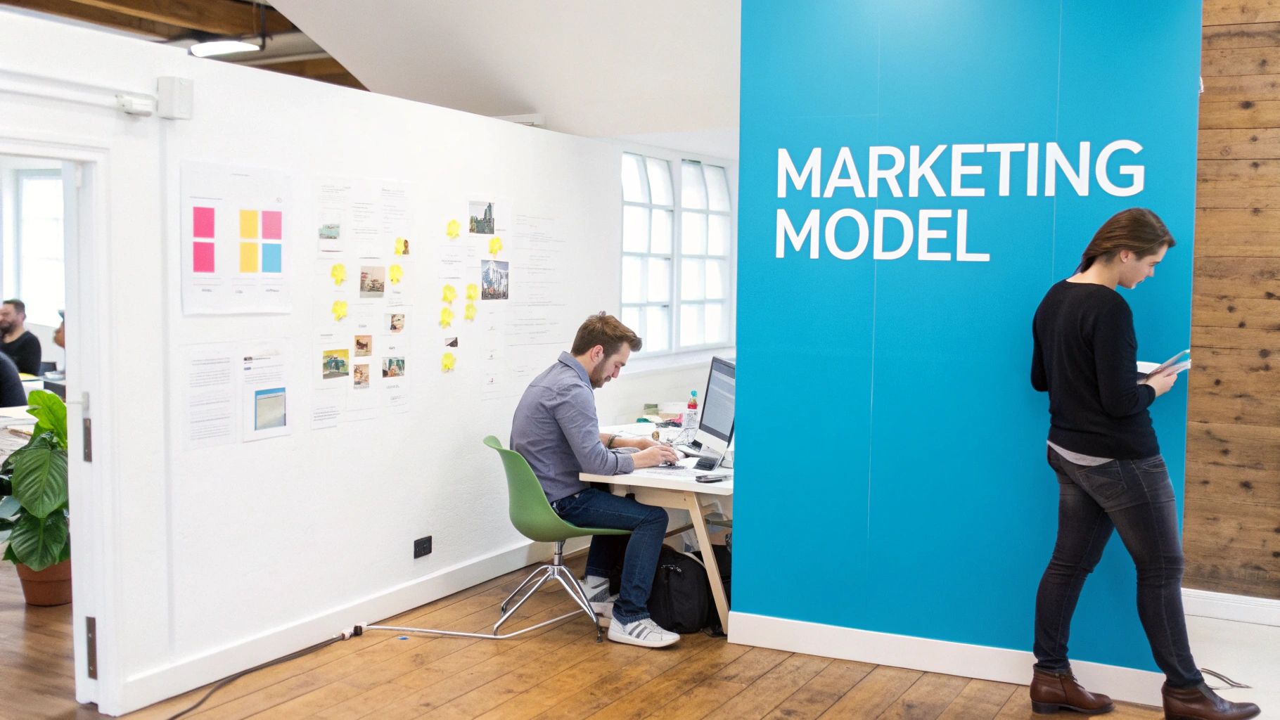 Two people working in a modern office, one on a computer, the other by a 'MARKETING MODEL' wall.