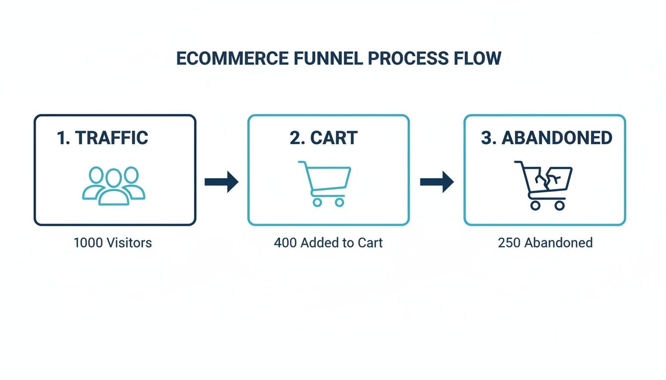 Ecommerce funnel process flow showing 1000 visitors, 400 added to cart, and 250 abandoned carts.