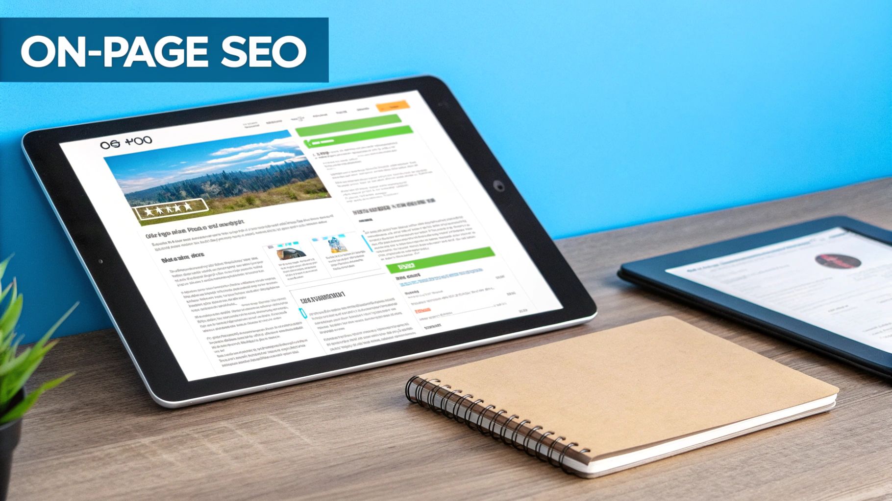 A tablet on a wooden desk displays a website with on-page SEO content, an image, and star ratings.